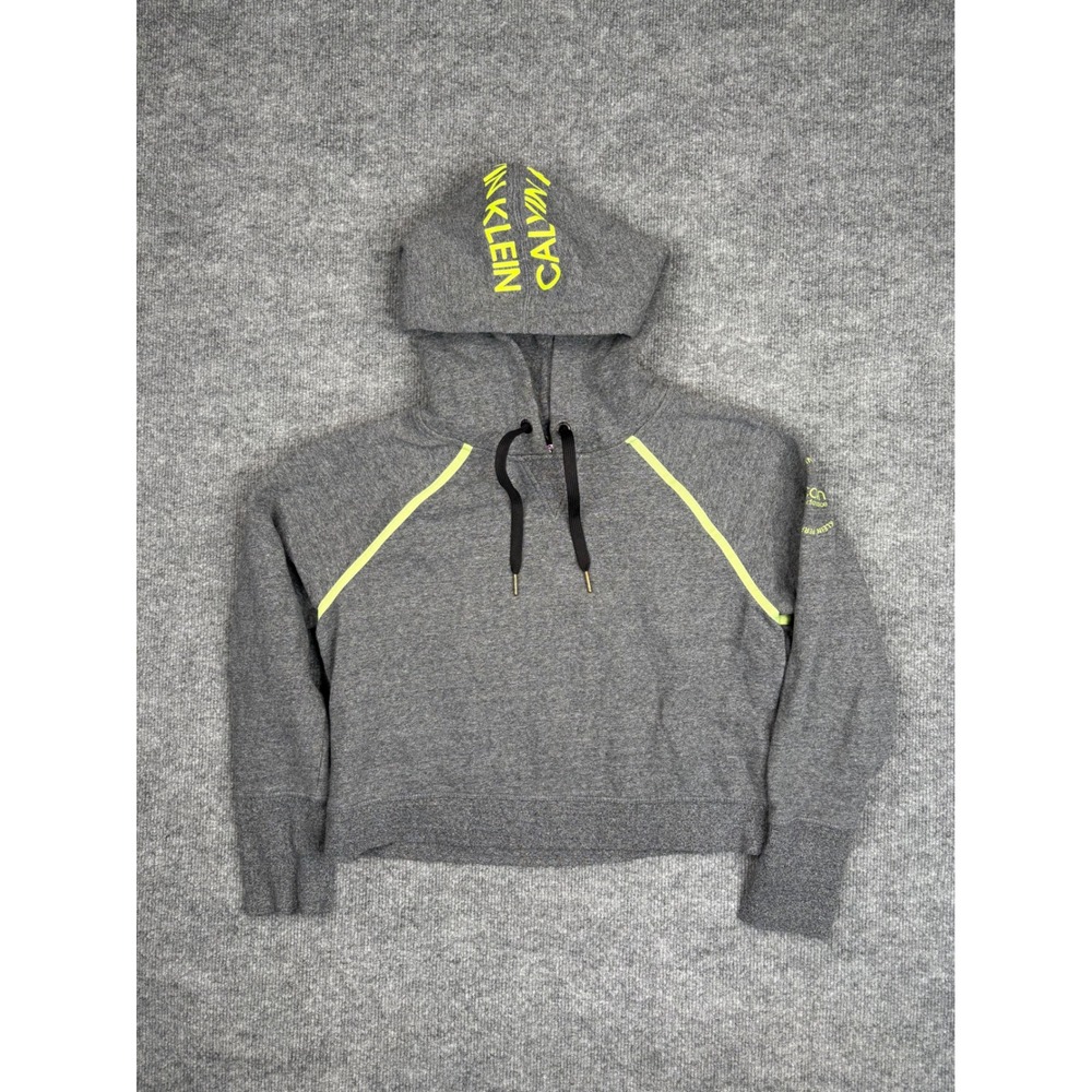 Calvin Klein Performance Women Small Gray Neon Logo Cropped Hoodie Sweatshirt